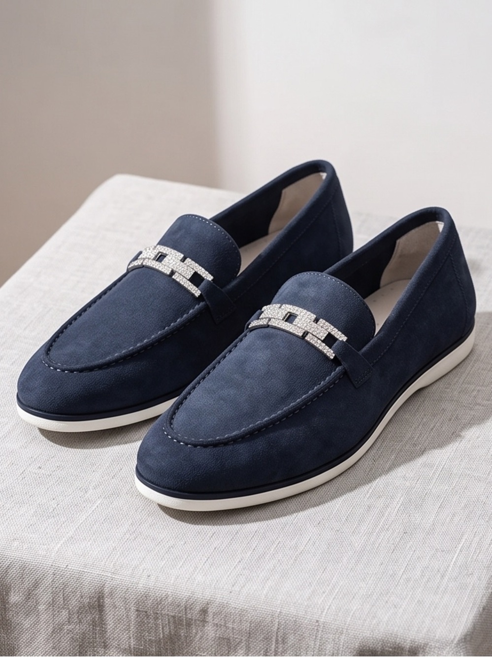 Baldinini Women’s Navy Blue Nubuck Comfort Loafers with Crystal Accent